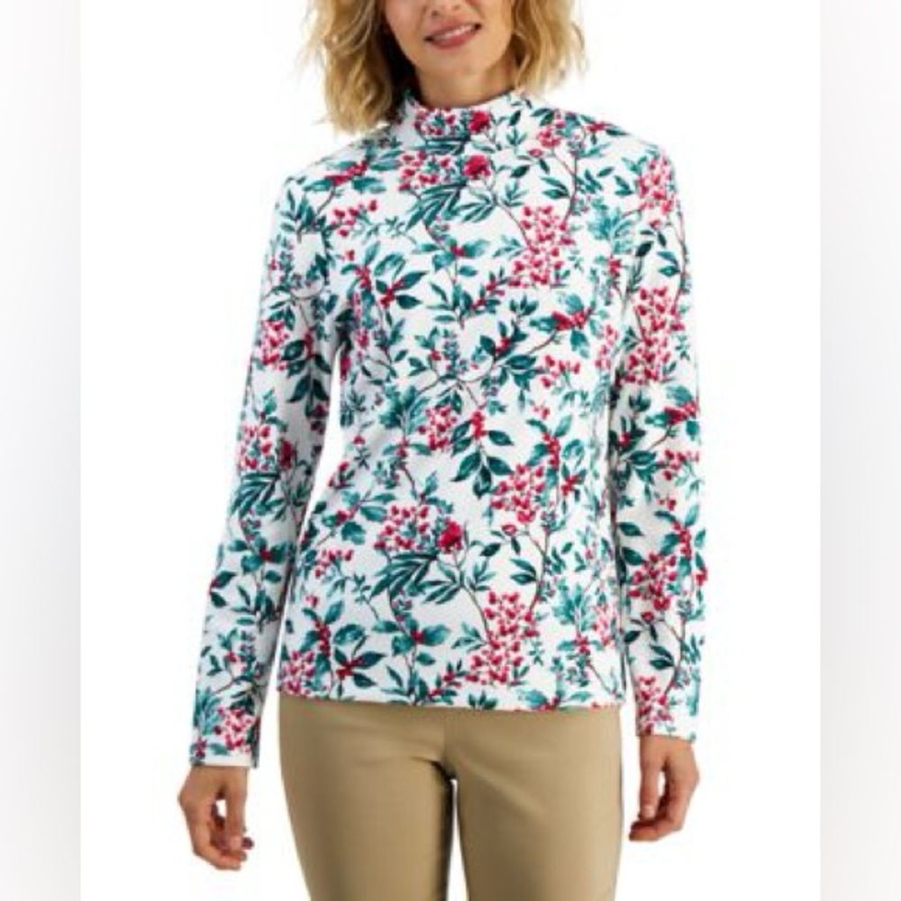 402M NWT Karen Scott Petite‎ Mock-Neck Printed Top - Size: PP (2P)